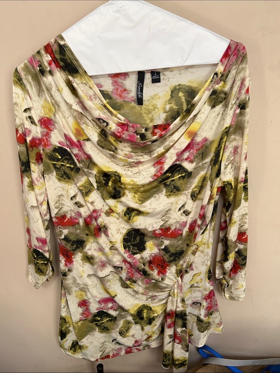Essentials by Milano Tops - Essentials by Milano Small Floral Watercolor Cowl-Neck Top in Cream, Olive, Pink